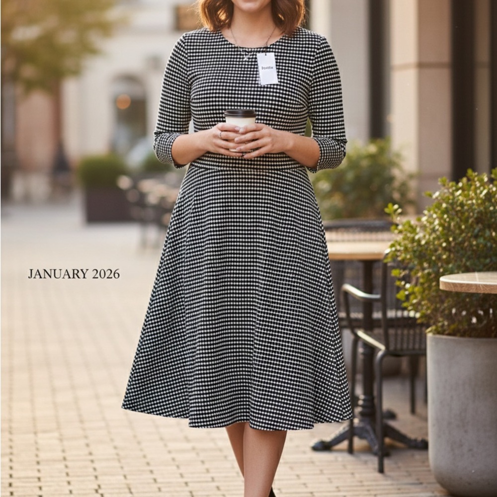 Leota Black and White Checkered Long Sleeve Dress